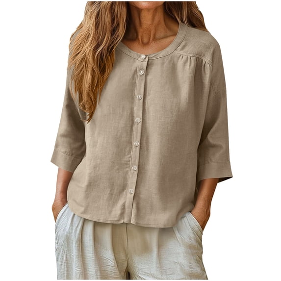 LIaqionyy Womens 3/4 Sleeve Shirt Cotton Linen Shirts Button down Casual Loose Blouses for Women Vacation Tops