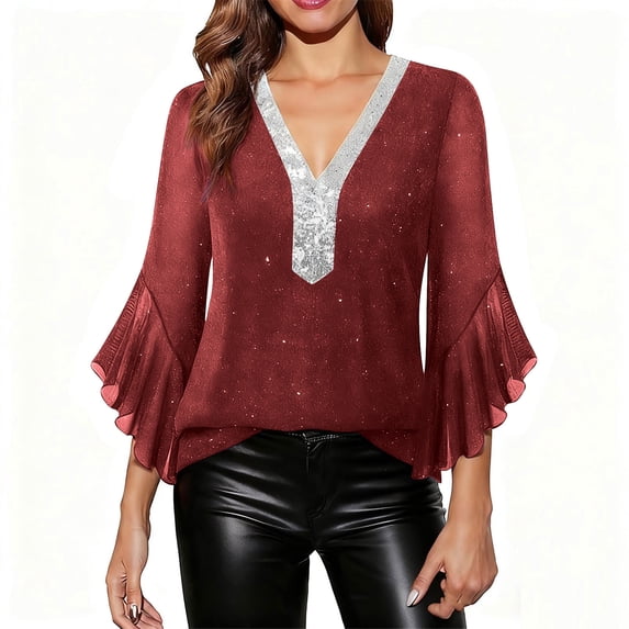 LIaqionyy Womens 3/4 Sleeve Tops V Neck Sparkly Sequins Blouses Dressy Casual Fall Fashion Party Dancewear Clothes