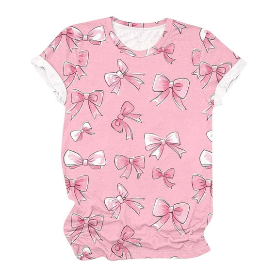 LIaqionyy Womens Bow Shirt Short Sleeve Round Neck Pullover Teen Girls Cute Oversized T-Shirt
