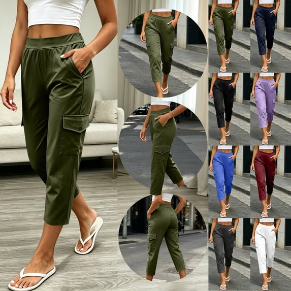 LIaqionyy Womens Cargo Capri Pants with Pockets Elastic Waist Bottoms Hiking Athletic Joggers Cropped Pant Clothes