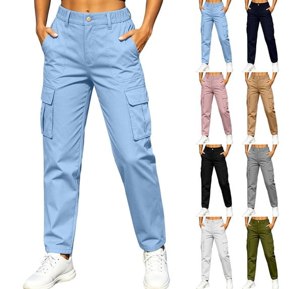 LIaqionyy Womens Cargo Pant Straight Leg High Waisted Casual Hiking Pants Streetwear Baggy Trousers with Pockets