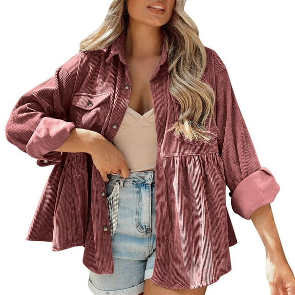 LIaqionyy Womens Corduroy Jacket Shackets Long Sleeve Button down Shirts Oversized Casual Blouses Tops