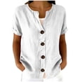 thumbnail image 1 of LIaqionyy Womens Cotton Linen Blouse Shirts V Neck Short Sleeve Button down Loose Casual Vacation Clothes, 1 of 7