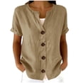thumbnail image 1 of LIaqionyy Womens Cotton Linen Blouse Shirts V Neck Short Sleeve Button down Loose Casual Vacation Clothes, 1 of 7