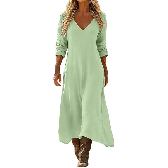 LIaqionyy Womens Cotton Linen Dress Long Sleeve V Neck Solid Color Casual Flowy Beach Vacation Sundresses