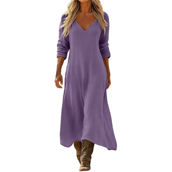 LIaqionyy Womens Cotton Linen Dress Long Sleeve V Neck Solid Color Casual Flowy Beach Vacation Sundresses