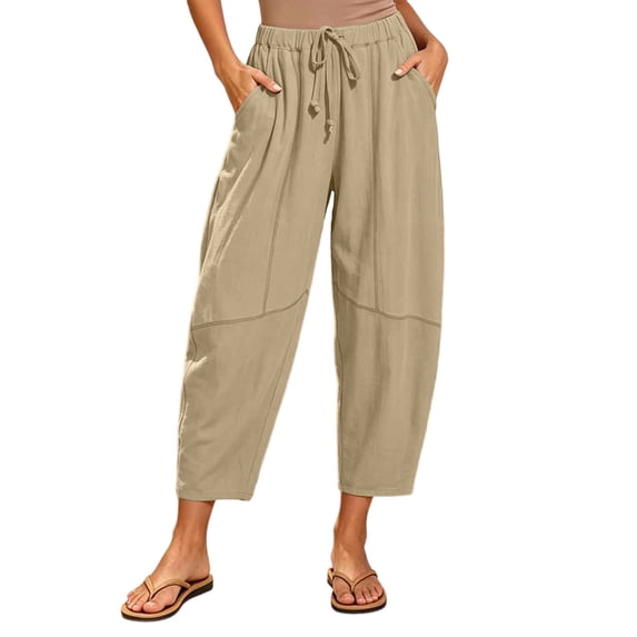 LIaqionyy Womens Cotton Linen Pants Baggy Wide Leg Lounge Elastic Waist Drawstring Lightweight Trousers with Pockets