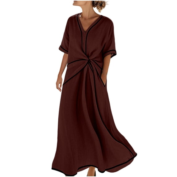 LIaqionyy Womens Cotton Linen Summer Long Dresses Flowy Casual Short Sleeve Loose Vacation Dress with Pockets