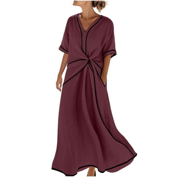 LIaqionyy Womens Cotton Linen Summer Long Dresses Flowy Casual Short Sleeve Loose Vacation Dress with Pockets