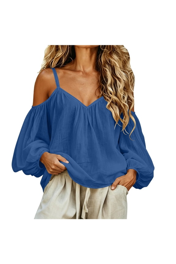 Womens Cotton Linen Tops Cold Shoulder Puff Long Sleeve V Neck Blouse Cute Casual Loose Shirts Fashion Tees