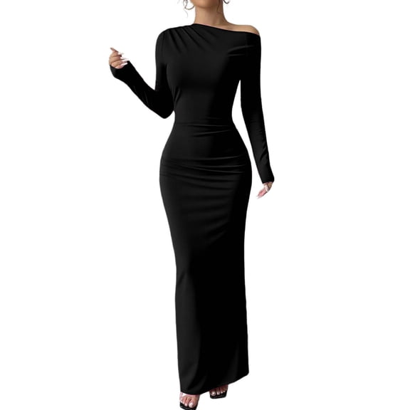 LIaqionyy Womens Dress Fall off Shoulder Bodycon Formal Long Sleeve Elegant Cocktail Party Maxi Dresses