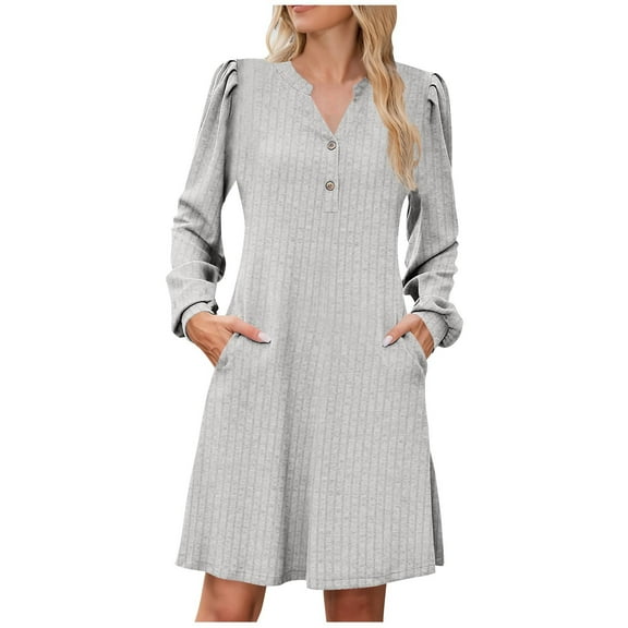 LIaqionyy Womens Dresses V Neck Long Sleeve Fall Winter Casual Sweater A Line Dress Fashion Work Clothes