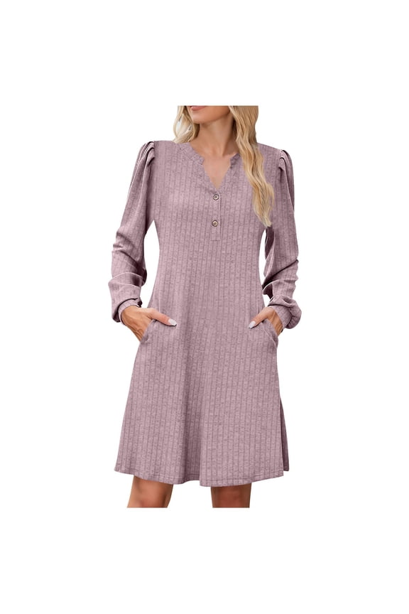 Womens Dresses V Neck Long Sleeve Fall Winter Casual Sweater A Line Dress Fashion Work Clothes