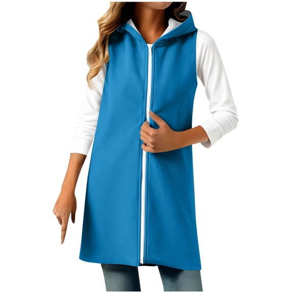 LIaqionyy Womens Fall Sleeveless Hoodie Jacket Long Vest Casual Zip up Shacket Shirts Jackets Business Tops