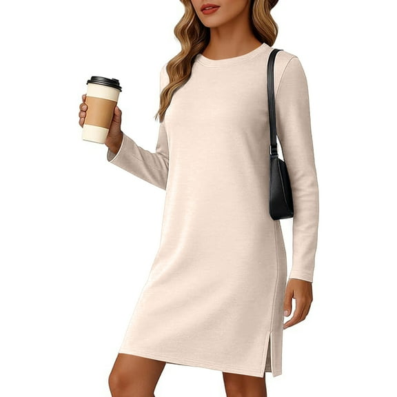 LIaqionyy Womens Fall Sweatshirt Dresses Long Sleeve Crewneck Solid Color Dress Trendy Pullover Tops Outfits