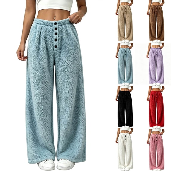 LIaqionyy Womens Fleece Pants Winter Warm Elastic Waist Wide Leg Fuzzy Lounge Bottoms Long Soft Plush Pajama Pant