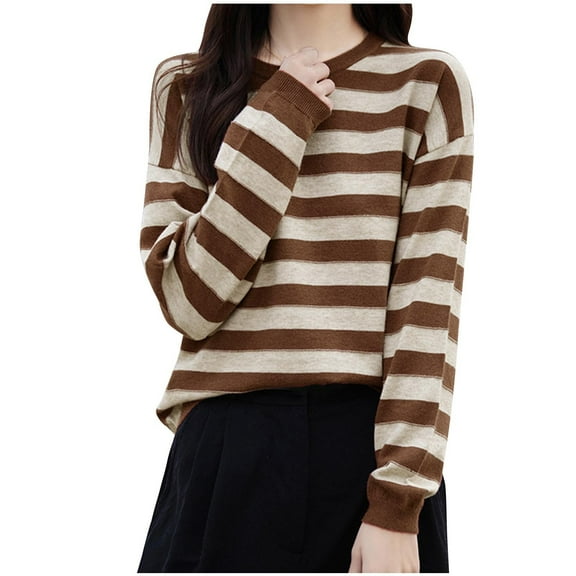 LIaqionyy Womens Knit Sweaters Classic Striped Crew Neck Pullover Causal Fall Lightweight Sweater Tops