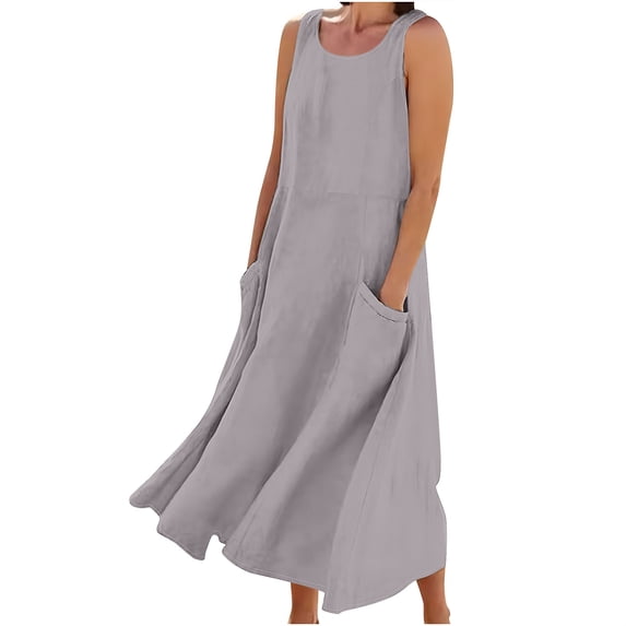LIaqionyy Womens Linen Long Dress Sleeveless Flowy Maxi Dresses Plus Size Summer Casual Loose Beach Tank Dress