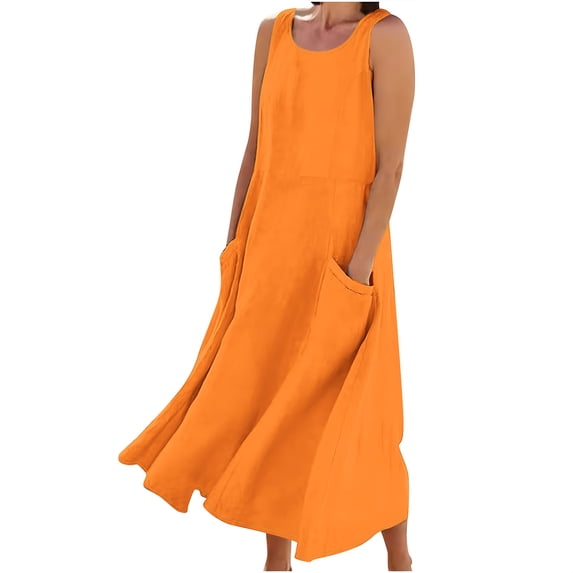 LIaqionyy Womens Linen Long Dress Sleeveless Flowy Maxi Dresses Plus Size Summer Casual Loose Beach Tank Dress