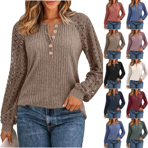 LIaqionyy Womens Long Sleeve Shirts Lace Tops Fall Fashion Outfits Business Casual Blouses Lightweight Sweater