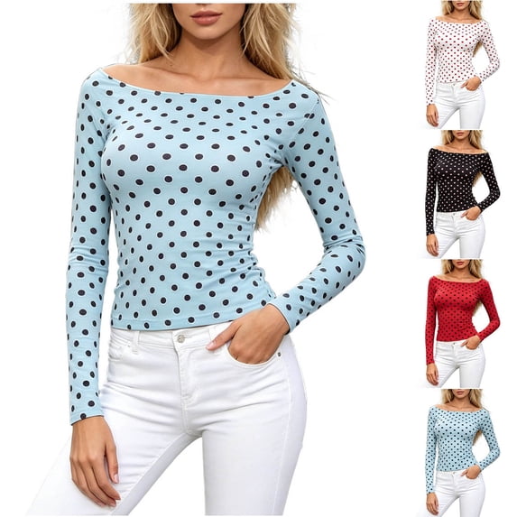 LIaqionyy Womens Long Sleeve T Shirts Polka Dot Fashion Slim Crop Top Spring Fall Going out Tops Blouse Shirt