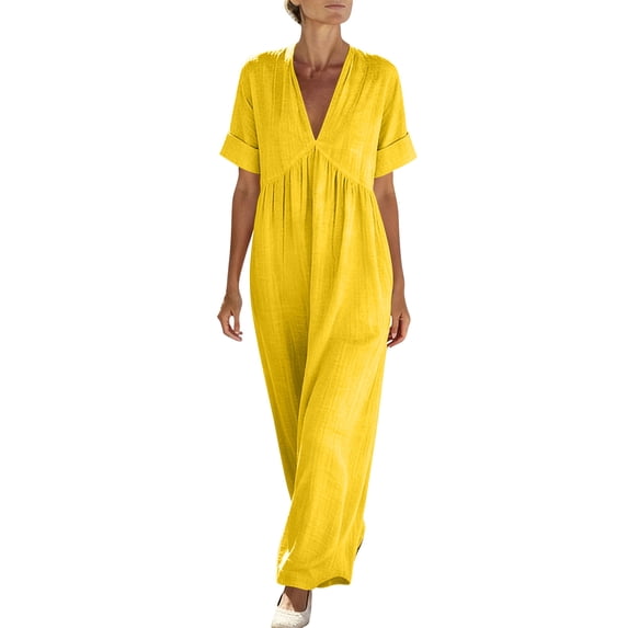 LIaqionyy Womens Maxi Dress Summer V Neck Short Sleeve Flowy Casual Loose Long Dresses Vacation Sundresses