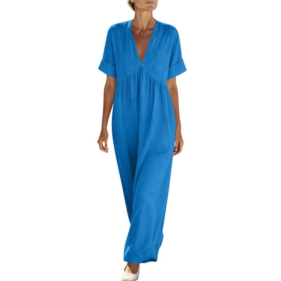 LIaqionyy Womens Maxi Dress Summer V Neck Short Sleeve Flowy Casual Loose Long Dresses Vacation Sundresses