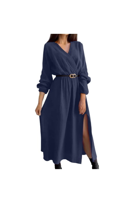Womens Maxi Dress with Belted Plus Size Wrap V Neck 3/4 Sleeve Flowy Party Wedding Dresses Clothes