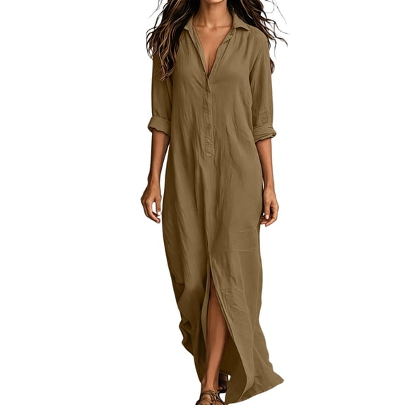 LIaqionyy Womens Maxi Shirt Dress Casual Button down V Neck Loose Solid Color Collared Split Side Dresses