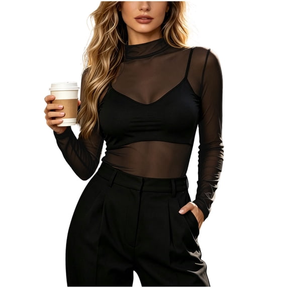 LIaqionyy Womens Mesh Long Sleeve Top Mock Turtle Neck See Though Shirts Casual Going out Blouses Fall Outfits