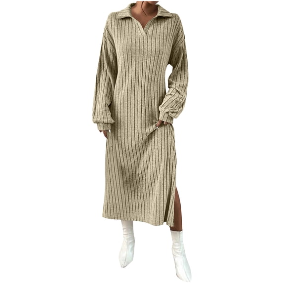 LIaqionyy Womens Midi Dresses Long Sleeve Bodycon Pleated A Line Ribbed Knit Dress Fall Winter Outfits