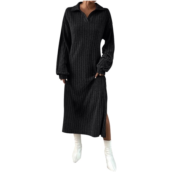 LIaqionyy Womens Midi Dresses Long Sleeve Bodycon Pleated A Line Ribbed Knit Dress Fall Winter Outfits