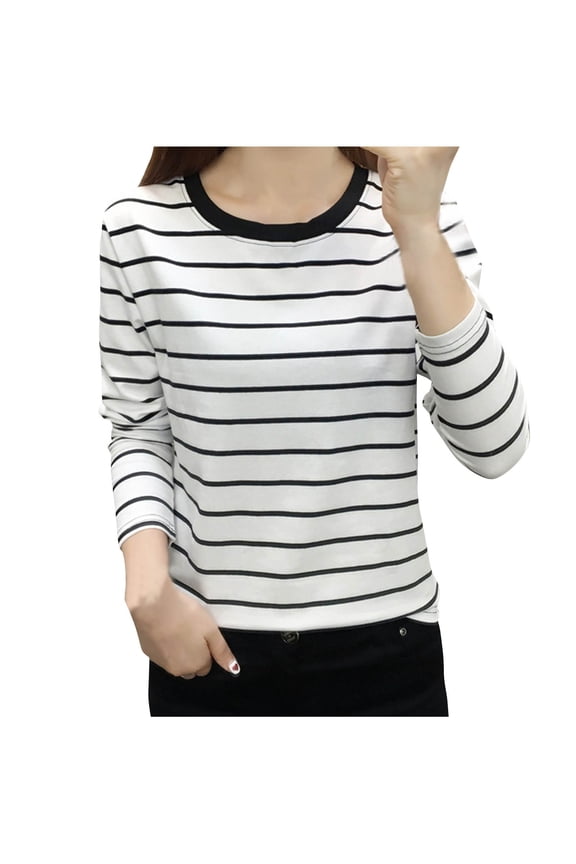 Womens Oversized Cotton Long Sleeve Shirts Striped Basic Crew Neck Casual Pullover Tops Fashion Blouses Clothes M-5XL