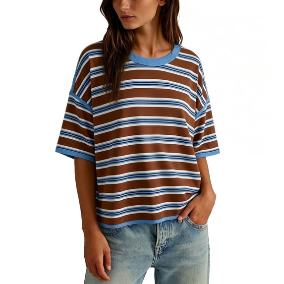 LIaqionyy Womens Oversized Striped T Shirts Crewneck Summer Casual Short Sleeve Tops Color Block Tee Blouses