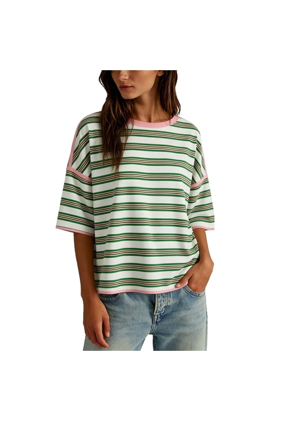 Womens Oversized Striped T Shirts Crewneck Summer Casual Short Sleeve Tops Color Block Tee Blouses