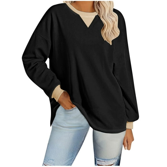 LIaqionyy Womens Oversized Sweatshirts Color Block Long Sleeve Crew Neck Fall Tops 2024 Trendy Loose Clothes