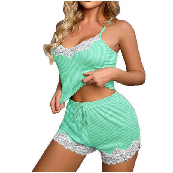 LIaqionyy Womens Pajama Sets Ribbed Knitted Sleepwear 2 Piece Cami Shorts Set Lace Patch Nightwear Summer Pjs Sets