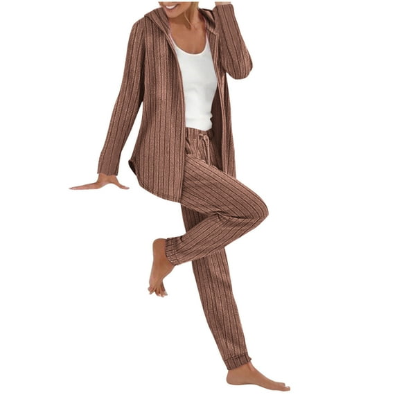 LIaqionyy Womens Pajamas Set Casual Long Sleeve Ribbed Tops Pants 2 Piece Sets Nightwear Loungewear Outfits