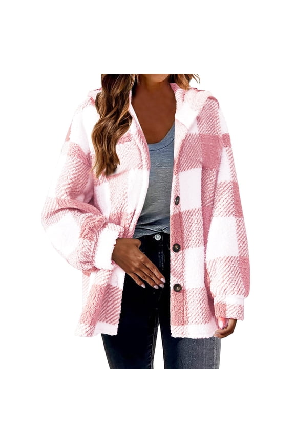 Womens Plaid Shacket Jacket Sherpa Lined Jackets Oversized Button up Fleece Hooded Warm Coat S-5XL