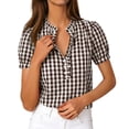 thumbnail image 1 of LIaqionyy Womens Plaid Shirt Short Sleeve Top Button down Ruffle V Neck Dress Shirts Casual Work Blouse Outfits, 1 of 7