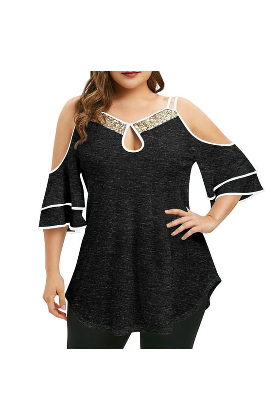 Womens Plus Size Tops Cold Shoulder V Neck T Shirt Short Sleeve Casual Tunic Blouse Party Cute Clothes L-5XL