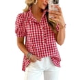 thumbnail image 1 of LIaqionyy Womens Red Plaid Shirt Short Sleeve Top Button down Ruffle V Neck Dress Shirts Casual Work Blouse Outfits, 1 of 4