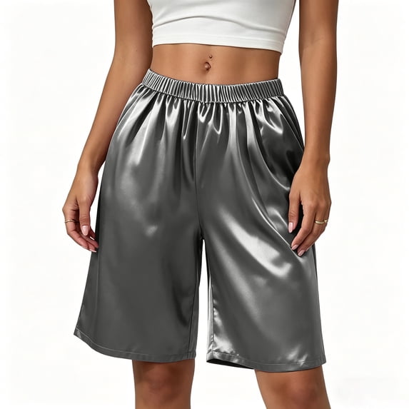 LIaqionyy Womens Satin Shorts Knee Length Elastic Waist Casual Comfortable Lightweight Lounge Short Bottoms
