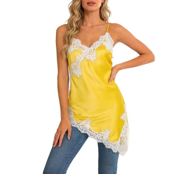 LIaqionyy Womens Satin Tops Lace Trim Spaghetti Strap Split Side Cami Flowy Silky Layering Top Camisole