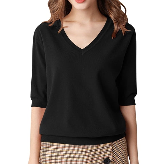 LIaqionyy Womens Short Sleeve Sweaters Casual Lightweight Crew Neck Pullover Tops Ribbed Knit Sweater Blouse