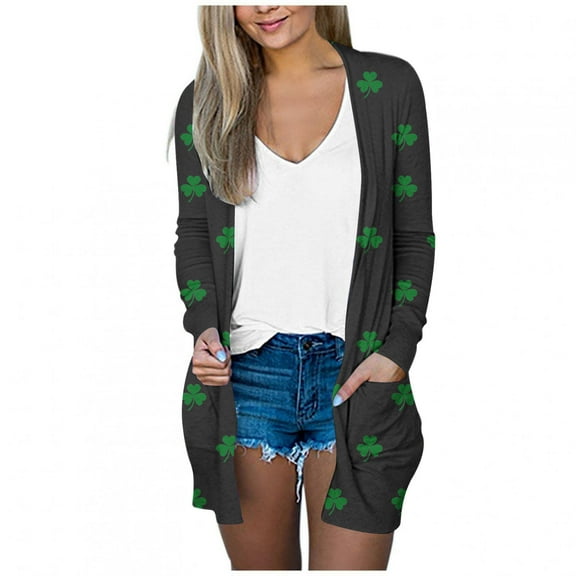 LIaqionyy Womens St Patricks Day Open Front Lightweight Long Cardigan Loose Casual Going Out Shamrock Clothes