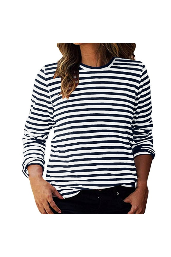 Womens Striped Long Sleeve Tops Casual Crewneck T-Shirt 2024 Basic Lightweight Pullover Comfort Tee