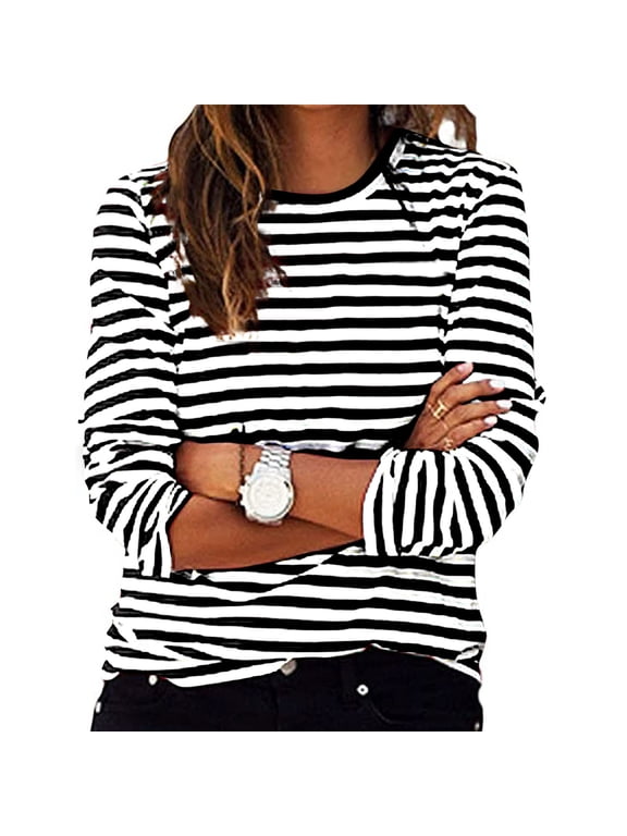 Womens Striped Long Sleeve Tops Casual Crewneck T-Shirt Basic Lightweight Pullover Comfort Tee