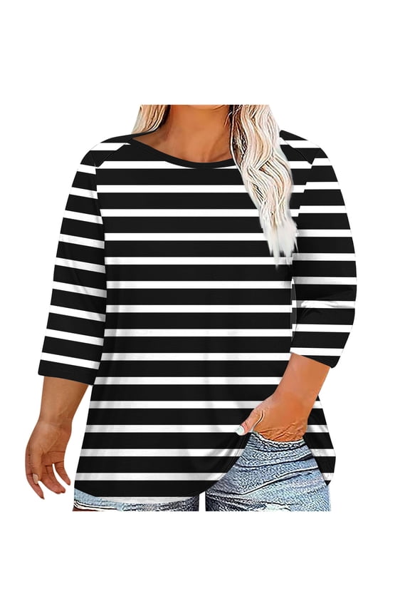 Womens Striped Plus Size Tops 3/4 Length Sleeve Loose Tunic Blouse Spring Summer Casual Top Clothes