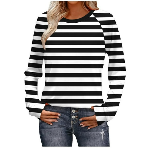 LIaqionyy Womens Striped Shirt Long Sleeve Crewneck Fall Outfits Casual Loose T Shirts Tunic Tops Fashion Clothes